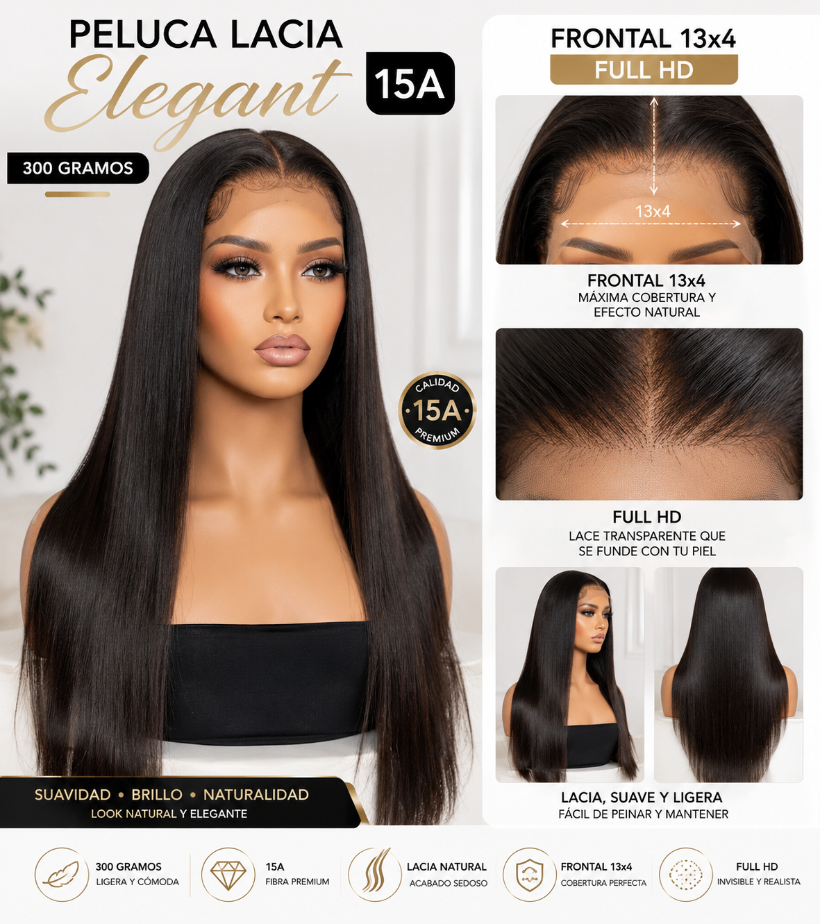 Peluca Lacia Elegant 15A 300 gramos Frontal 13x4 FULL HD