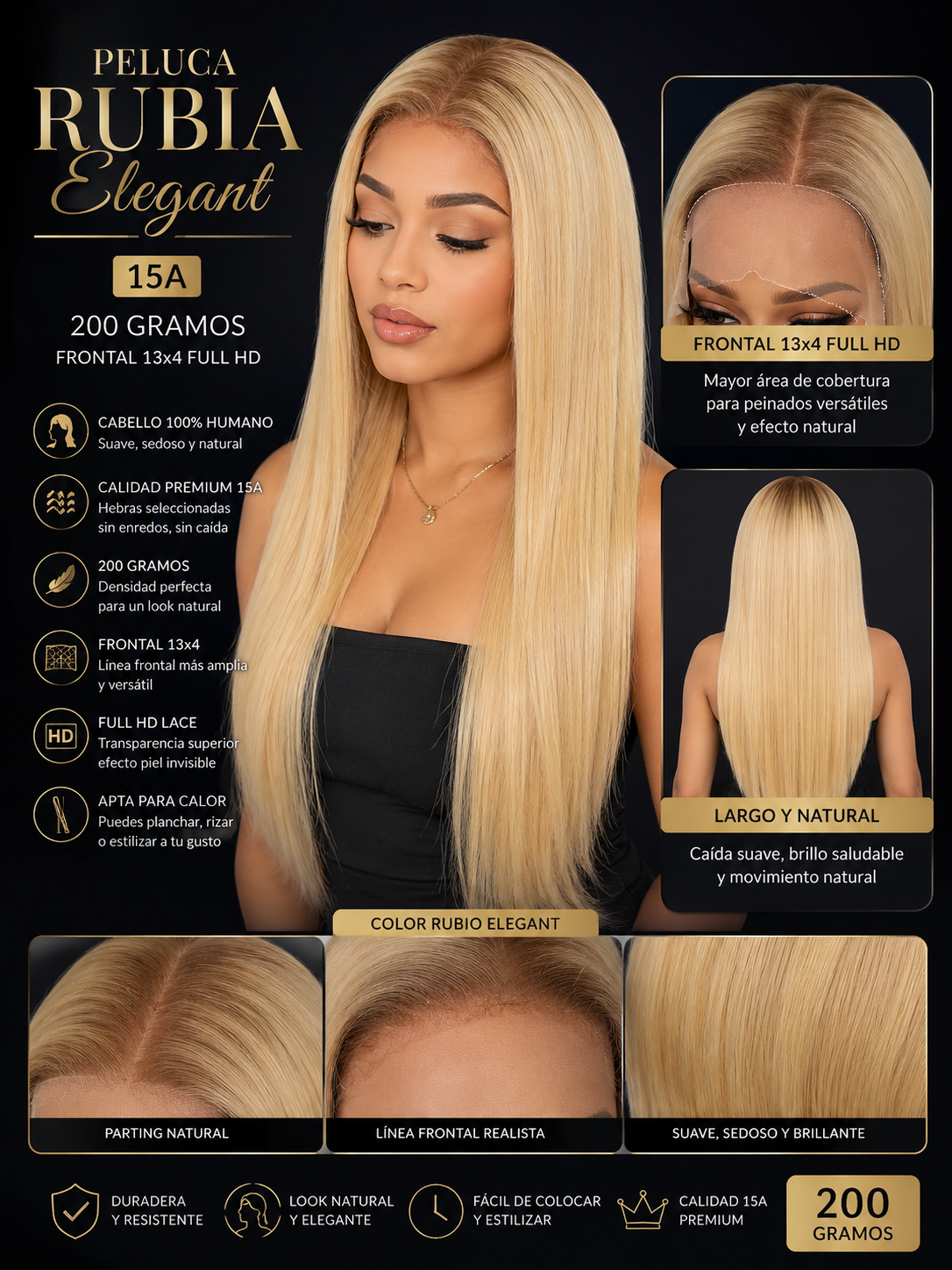 Peluca Rubia Elegant 15A 200 gramos Frontal 13x4 Full HD